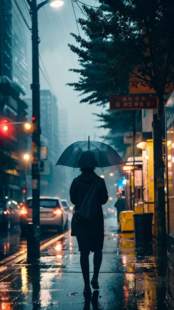 A rain-soaked sidewalk City of night