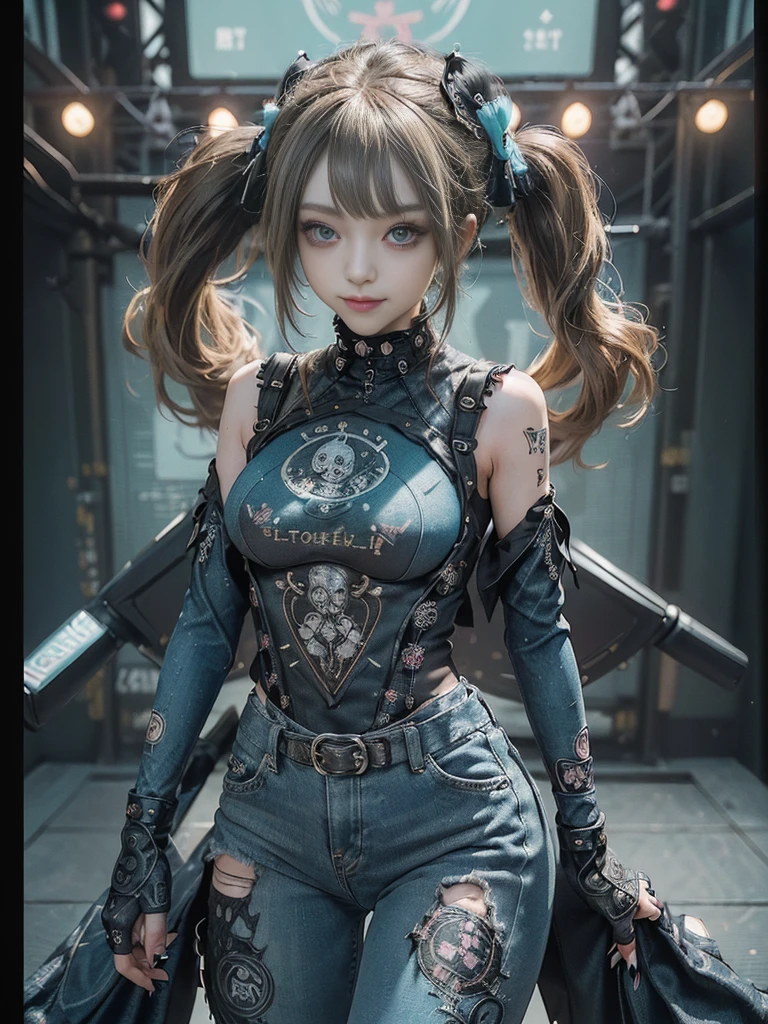 (Full Body View:1.4)、(Full body:1.3)、(Smiling with teeth showing:1.4),(Shibuya Gal:1.5)、(Gothic Lolita style fashion:1.5)、(Punk RockVisual Kei:1.5)、(Wearing a rhythmic gymnastics bodysuit with intricate details:1.4)、(Racing suit and pants with intricate turquoise, denim and charcoal decorations:1.5)、(Denim and light blue and turquoise boots:1.3)、((belt))、(Numerous delicate logo marks all over the costume:1.4)、(collar:1.3)、(Polka dot underwear:1.5)、20-year-old、NSFW、((Highest quality、In 8K、masterpiece:1.3))、Sharp focus:1.2、(Layered Cut、Huge boobs:1.1),Beautiful woman with perfect figure:1.4、(do a gravure pose:1.3)、Slender Abs:1.2、Highly detailed face and skin texture、Detailed eyes、double eyelid,(Twin tails:1.3)、(Brown-golden hair:1.3)、Gravure idol、(The background is the stage of the fashion show:1.3)、(Slim body:1.3),(Make your legs thinner:1.4),（clavicle:1.1）