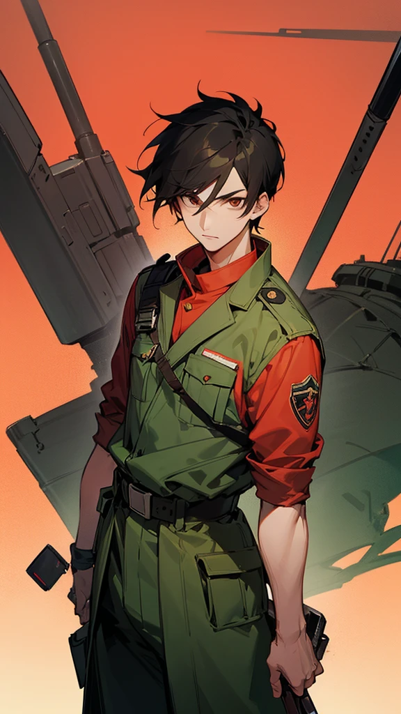 Anime style, an Asian guy with black hair, brown eyes, wearing a green military uniform, red sky, tanks, guns, modern army