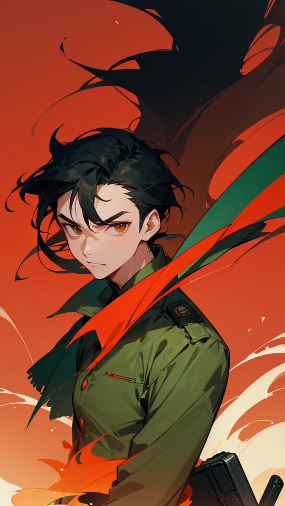 Anime style, an Asian guy with black hair, brown eyes, wearing a green military uniform, red sky, tanks, guns, modern army