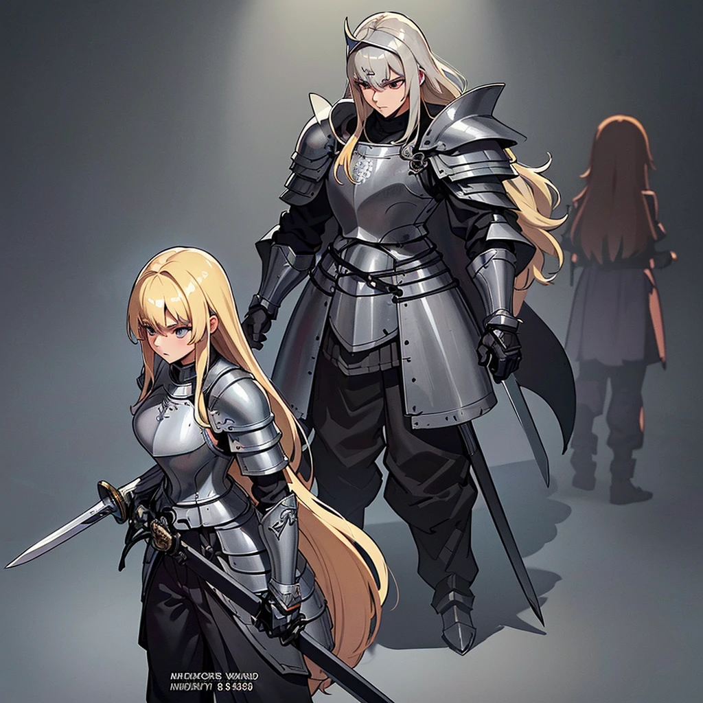 (((Solo)))、Best illustrations、Best Quality、(Full body character concept、detailed)、(((Simple grey armor、Black trousers、Black gloves、woman、18-year-old、Blonde、Long Hair)))、(((Get Ready)))、(From above at an angle)、(Old ruins、Grass)