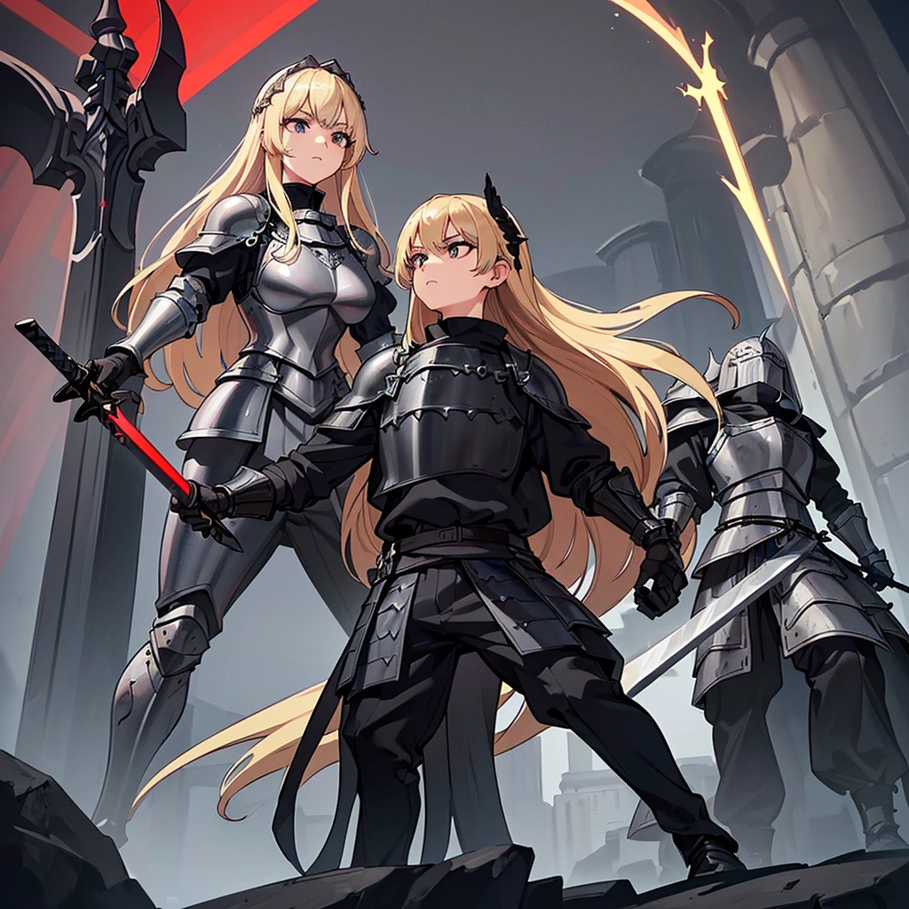 Best illustrations、Best Quality、(Full body character concept、detailed)、(((Simple grey armor、Black trousers、Black gloves、woman、18-year-old、Blonde、Long Hair)))、(((Grab the sword、Get Ready)))、(20 medieval knights)、(From below)、(Red light)