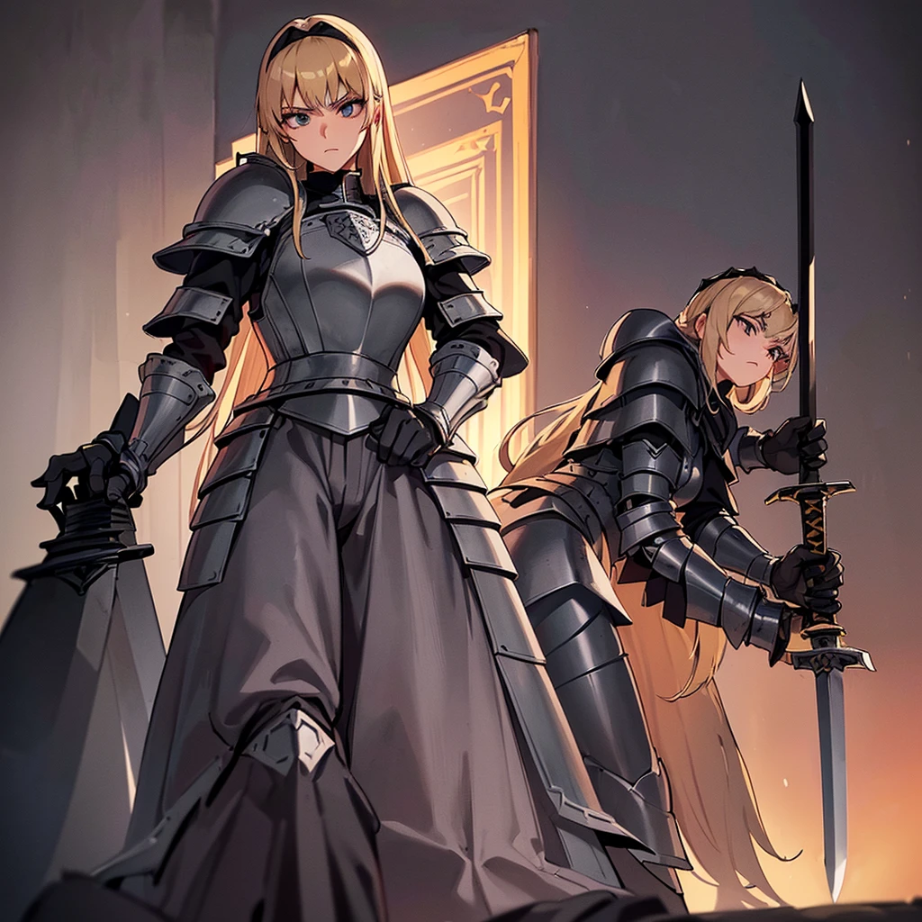 Best illustrations、Best Quality、(Full body character concept、detailed)、(((Simple grey armor、Black trousers、Black gloves、woman、18-year-old、Blonde、Long Hair)))、(((Grab the sword、Get Ready)))、(20 medieval knights)、(From below)、(Red light)