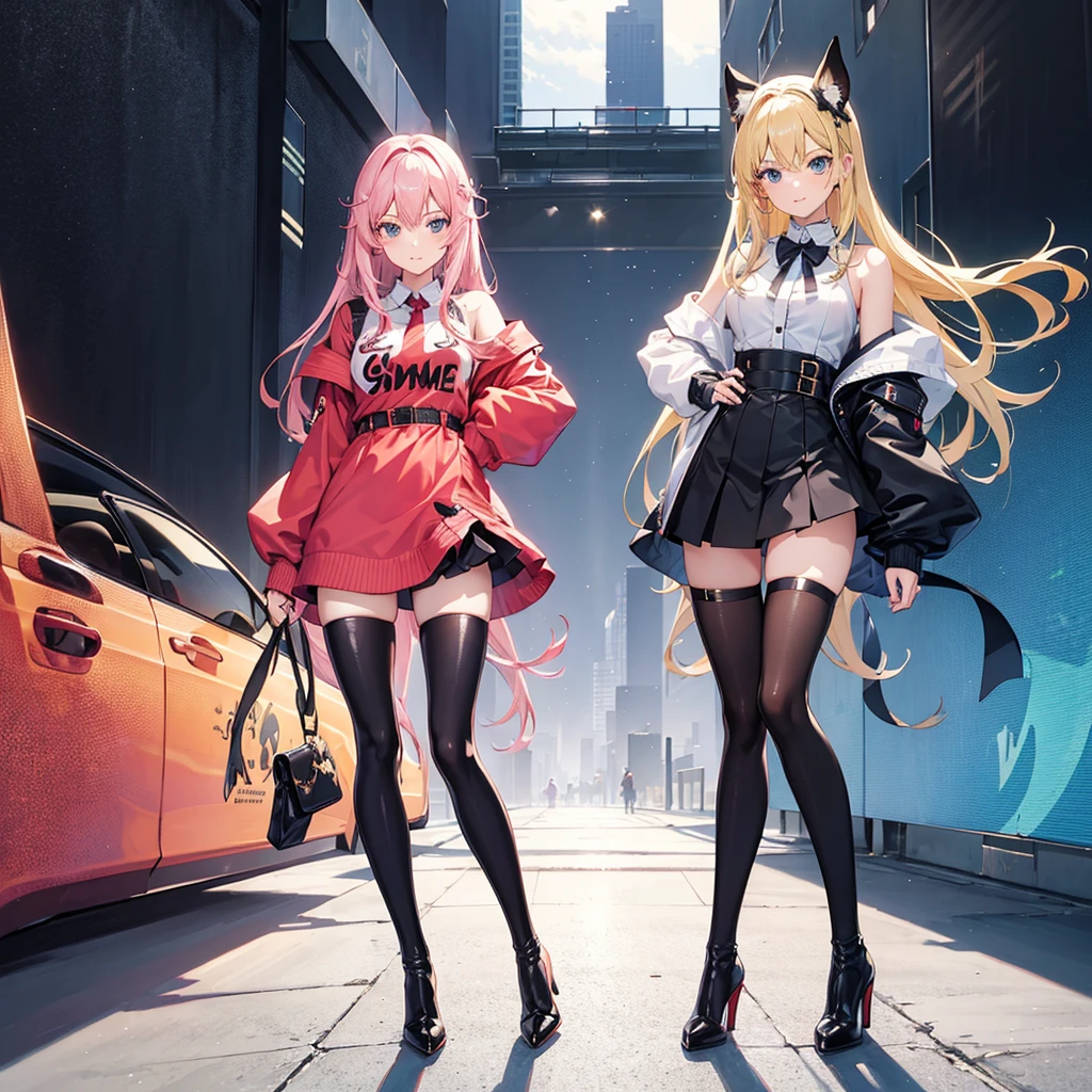 harems Multiple girls are depicted a smile a blond Pink hair leather jackets blue eyess top-quality masterpiece 超A high resolution body suit Loose socks