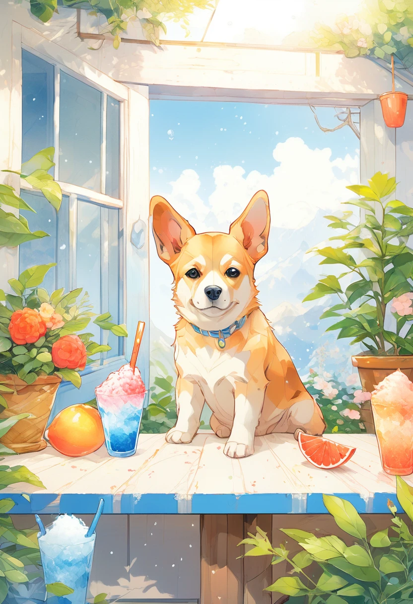 (Highest quality:0.8), (Highest quality:0.8), Perfect illustration、Close-up of a dog with shaved ice、Portrait、garden、Shaved ice and cat on the table、sunny、garden