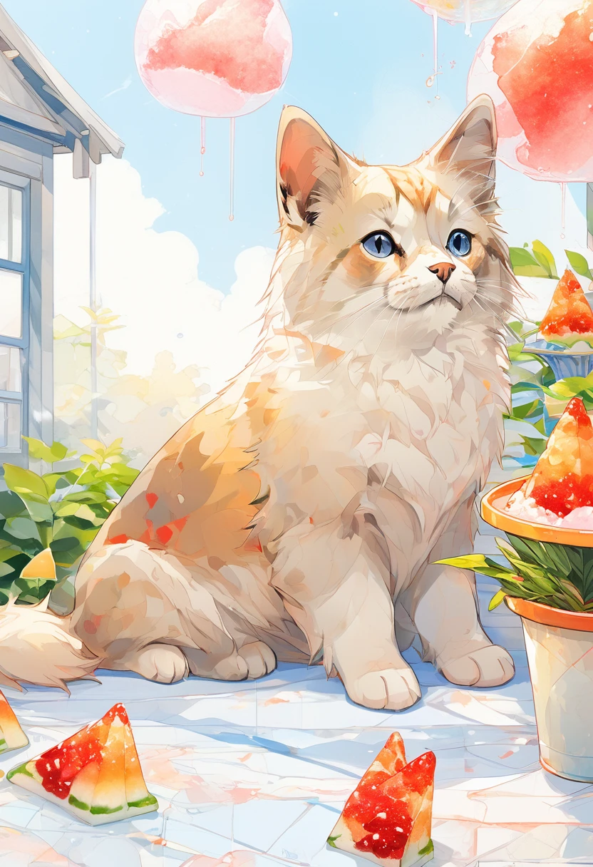 (Highest quality:0.8), (Highest quality:0.8), Perfect illustration、Close-up of a dog with shaved ice、Portrait、garden、Shaved ice and cat on the table、sunny、garden
