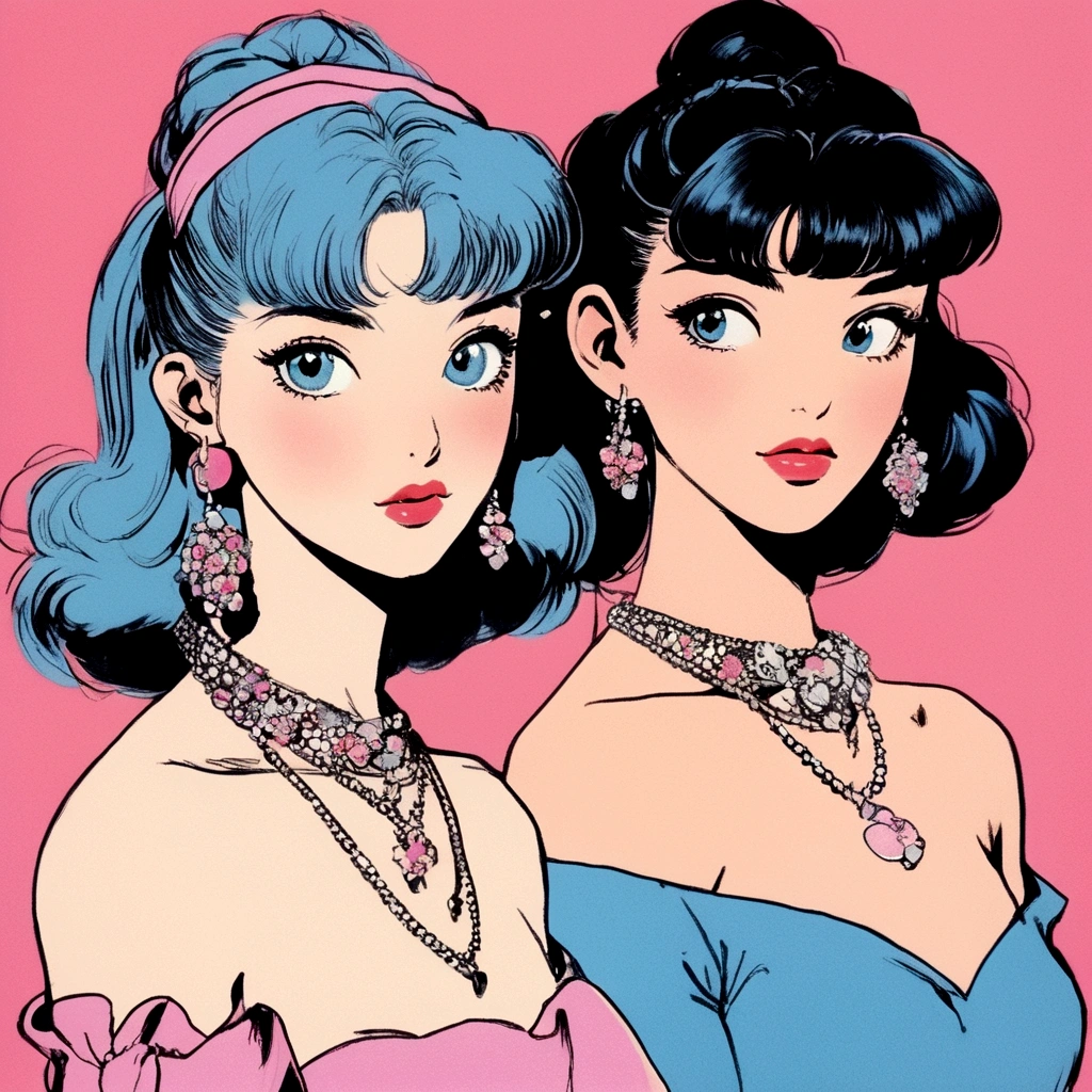 A retro girl(Cute:1.3 points),(Eighties:1.4 points),(Retro Hong Kong style:1.3 points),Showa manga,1990s animation style,Vintage jewelry,Black twin ponytails,earrings,necklace,Blue Eyes,Pink clothes,Bust,clavicle,Pink lips,Off-shoulder tops,黑色necklace,Bangs,Simple background