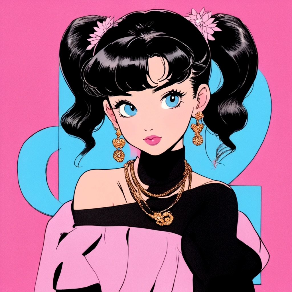 A retro girl(Cute:1.3 points),(Eighties:1.4 points),(Retro Hong Kong style:1.3 points),Showa manga,1990s animation style,Vintage jewelry,Black twin ponytails,earrings,necklace,Blue Eyes,Pink clothes,Bust,clavicle,Pink lips,Off-shoulder tops,黑色necklace,Bangs,Simple background