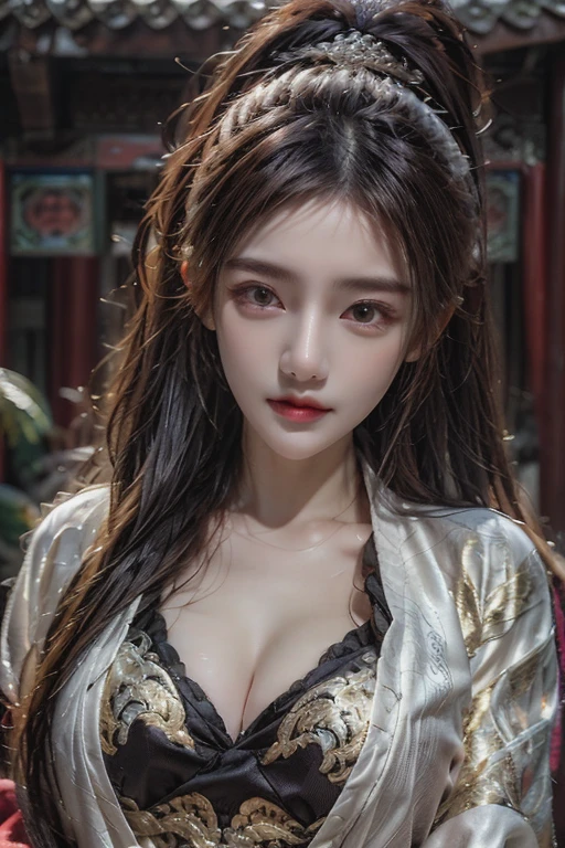 ((You are a beautiful woman.)), Fei Yu_robes, fuller, Scenery of ancient Chinese houses, Evening, red mouth, High nose, big breasts, red cloth, Gold Embroidery, black embroidered gold, red hair, high ponytail，braid, depth of field, สาวสวยกับdetailsที่สวยงาม, European face, ดวงตาและใบหน้าที่Very detailed，robesdetailsมาก, The resolution is incredibly ridiculous.， hugeFilesize， ไฮเปอร์details， High resolution， Very detailed， best quality， Masterpiece, The resolution is incredibly ridiculous., illustration， มีdetailsและสวยงามเป็นพิเศษ，official art, Very detailed， CG， unity， 8k wallpaper， Surprisingly， details， Masterpiece， Highest quality，Standing position, วอลล์เปเปอร์ CG unity 8k ที่มีdetailsมาก（Perfect shiny skin：0.6）Best shots)), ((Masterpiece)), (details),