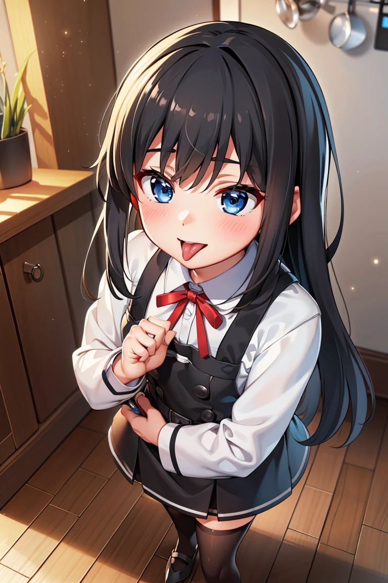 asashiokainiKC, Long Hair, shirt, Knee socks, Long sleeve, ribbon, , neck ribbon, Apron dress, (Small breasts:1.2), (Small body:1.2), (Low length:1.2), One , alone,
break 
(SFW:1.3), (whole body), (Bust up shot:1.2), (Face Focus:1.1)
break
0pen,  (Sticking out tongue), ((Long Tongue)), Open your mouth , From above, (Overhead Shot)
break
(;d:1.2), A shy smile, (blush:1.2)
break
official art, Masterpiece, Highest quality, Highest Resolution, 8K, Most detailed, Extremely elaborate hands, Highly detailed fingers, Highly detailed mouth, perfect anatomy
break
(indoor, Bedroom), dust, dust, Particles of light, Highly detailed 16K CG wallpaper