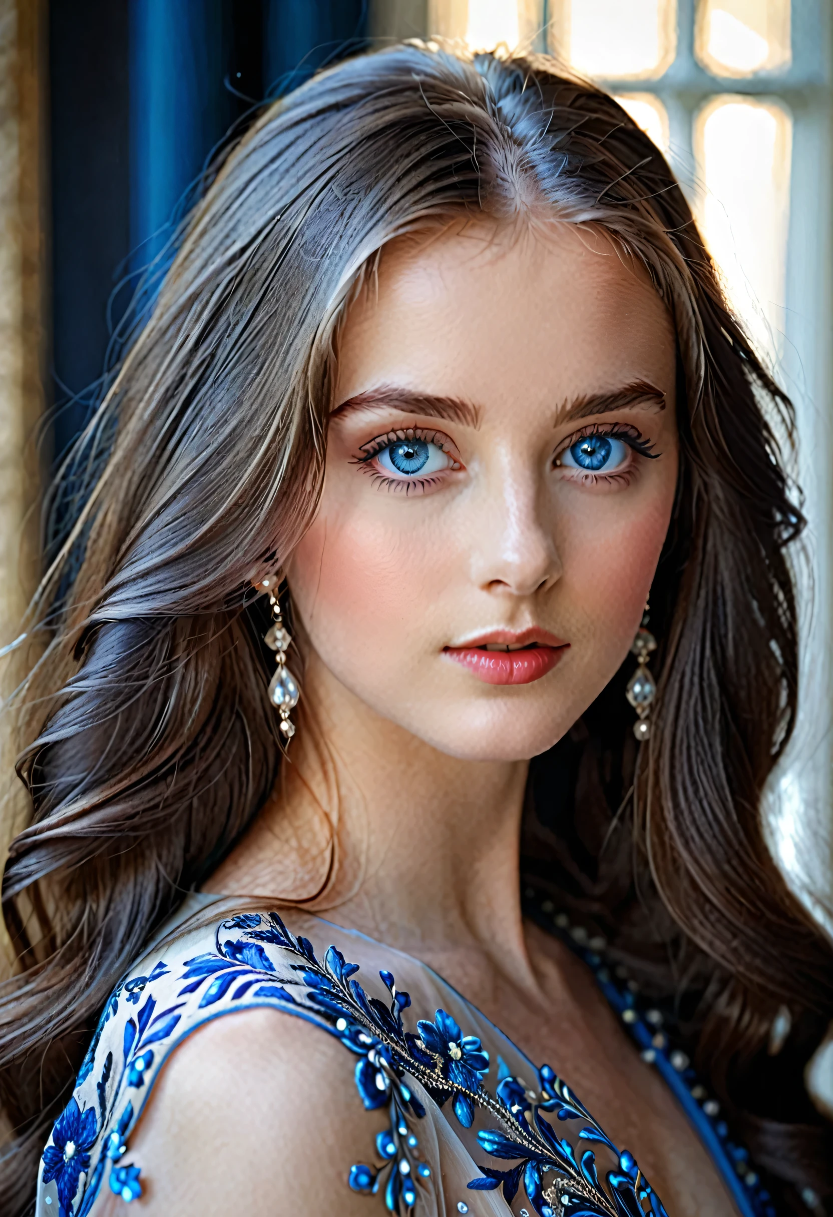 "Elegance and Youth: A Portrait of Modern Beauty"dark blue eyes, long hair, divine beauty 