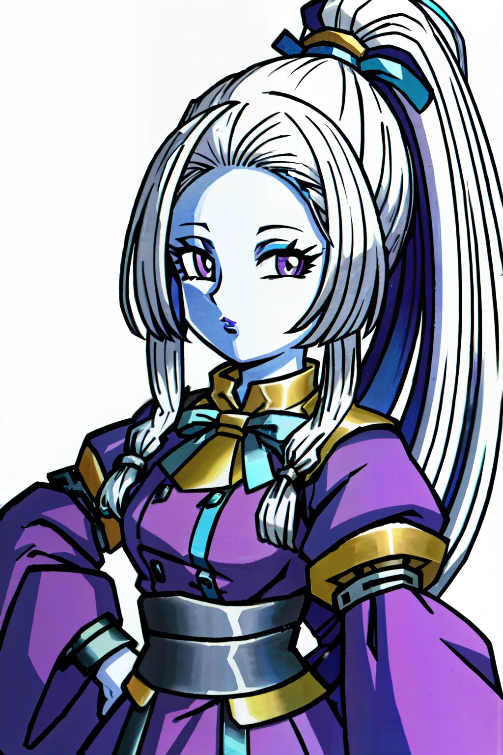 (extremely detailed CG unity 4k wallpaper),(masterpiece),(ultra quality),(ultra-detailed),(best illustration),(best shadow),(absurdres),(detailed background), 1girl, staff, long white hair, solo, hair in a loose braid, colored skin, high ponytail, white hair, purple eyes, long sleeves, holding staff, ponytail, holding, (blue skin:1.3), looking at viewer, purple lips, medium length hair