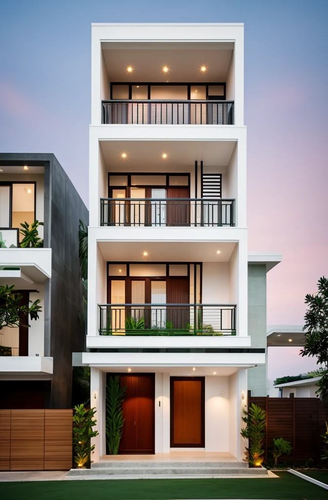 masterpiece, best quality, exterior design, (sunset), one-story modern house in Vietnamese village, marble, steel, modern light-colored granite facade and white walls, wooden ceiling , large glass, modern minimalist style, green shrubs and tropical plants background, large doors and windows.