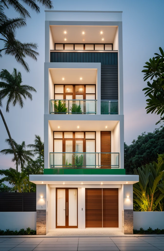 masterpiece, best quality, exterior design, (sunset), one-story modern house in Vietnamese village, marble, steel, modern light-colored granite facade and white walls, wooden ceiling , large glass, modern minimalist style, green shrubs and tropical plants background, large doors and windows.