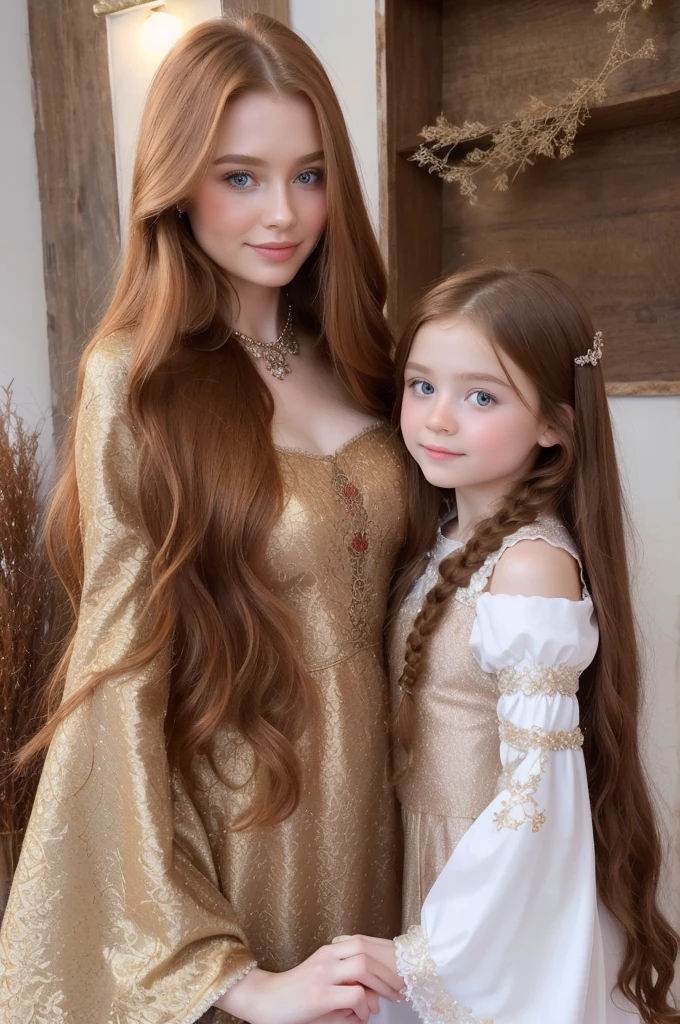 A gorgeous, pretty, shiny, kind-hearted, warm-hearted, sweet, polite, sensitive, friendly, charming, graceful, stylish, classy, alluring, majestic, ethereal, angelical ginger long haired russian woman dressed in traditional folk winter costumes. She's with a  cute girl.
