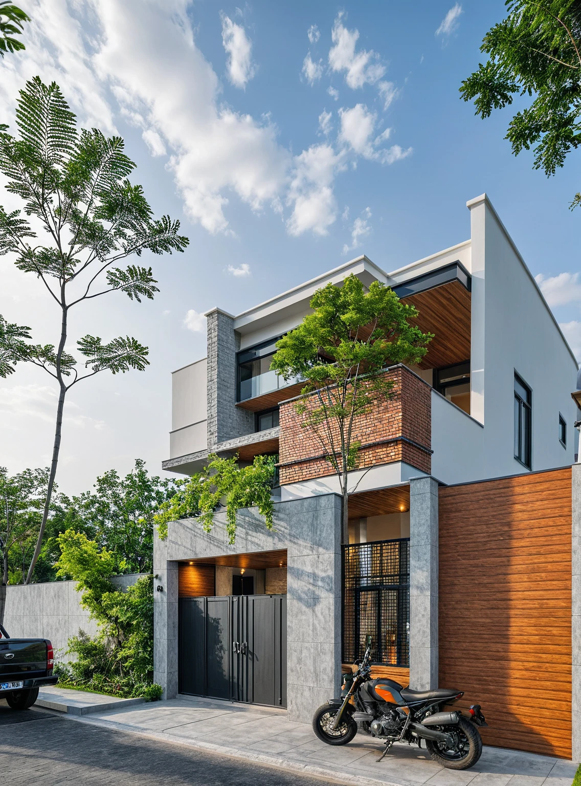 Masterpiece, high-end, best quality, authentic, super detailed, outdoor, aiaigroup, modern 2-storey townhouse, stairs, white walls combined with wood, wind encaustic tiles, iron gate, conwood ceiling, flowers , path, summer evening, grass, trees, sky, clouds, (daylight: 1.1)