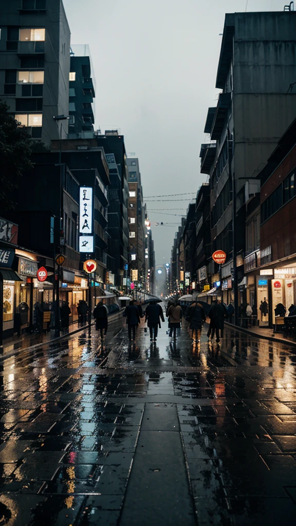 A rain-soaked sidewalk City of night