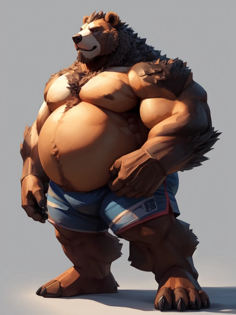 lucusold, lanxus, a man with a huge belly hugging a bear, fat ripped , thicc, lowres, giant and fat, danbooru and artstation, heavy detailed, insanely inflated hips, topless, shorts, proportionally enormous arms, fluffy chest, commission for high res, detailed but rough, semirealistoc:1.3