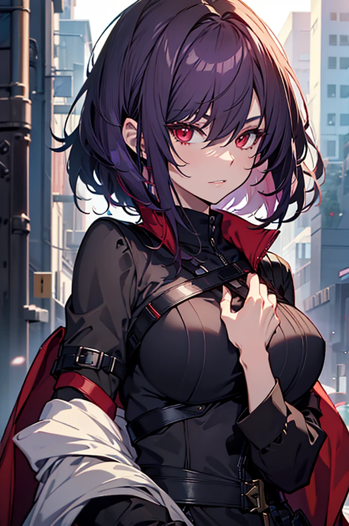 a beautiful girl with violet hair wearing a black dress, extremely detailed facial features, bob haircut, woman wearing a long black and red coat, solo character, white background, anime style, very detailed, photorealistic, 8k, best quality, masterpiece, red eyes, short hair