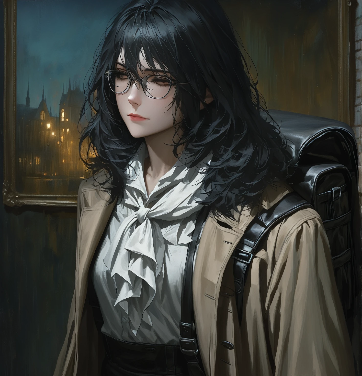 ((adult)), (woman), ((tall)), ((Ryoshu from Limbus company)) , masterpiece, best quality, dark aura,
((short black hair)), glasses, plain white shirt, brown coat, black pants, white kerchief with black marks around neck, carrying a robust leather bagpack, (faint smile), realistic anime style, (oil painting), dark old manor background, night, impasto.