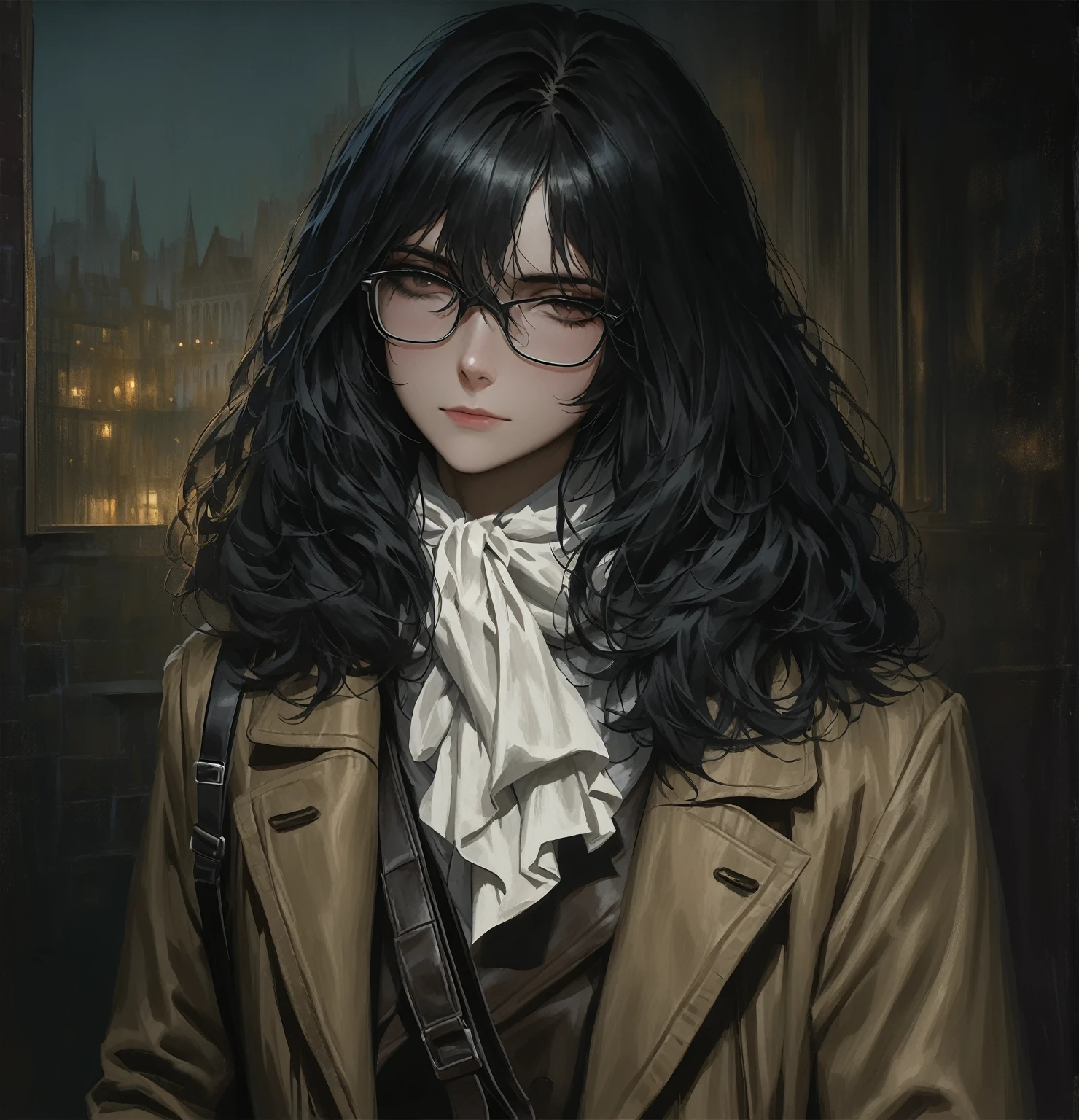 ((adult)), (woman), ((tall)), ((Ryoshu from Limbus company)) , masterpiece, best quality, dark aura, 
 ((short black hair)), glasses, plain white shirt, brown coat, black pants, white kerchief with black marks around neck, carrying a robust leather bagpack, (faint smile), realistic anime style, (oil painting), dark old manor background, night, impasto.
