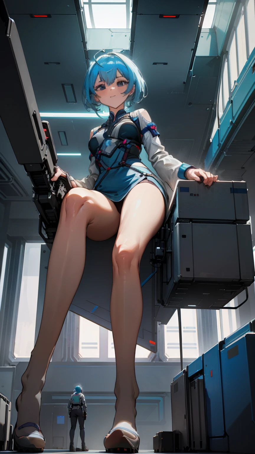 Inside a futuristic research facility, a giantess stands in a high-ceilinged lab, her fingers delicately manipulating advanced equipment. Scientists of normal size work diligently at her feet, looking up occasionally to exchange ideas and instructions with her as she oversees the experiments.