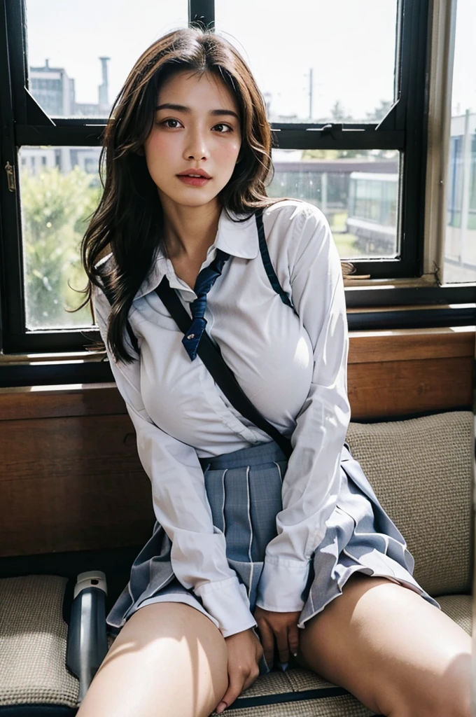(Masterpiece, BestQuality:1.2), (hyperrealistic:1.1), (Photorealistic:1.45), (realistic:1.4), (COWBOY SHOT:1.5), 1 beautiful Egyptian girl, 22 years old, __expression__, __Age__, __hair__, (Large Breasts:1.7), (spread legs:1.4), (showing pussy:1.2),(sitting-on-bench:1.2), (bench-sheating:1.1), (school uniform:1.4), (window backgreound:1.5), (train-window-background:1.4), (train:1.2), Homemade LORA,