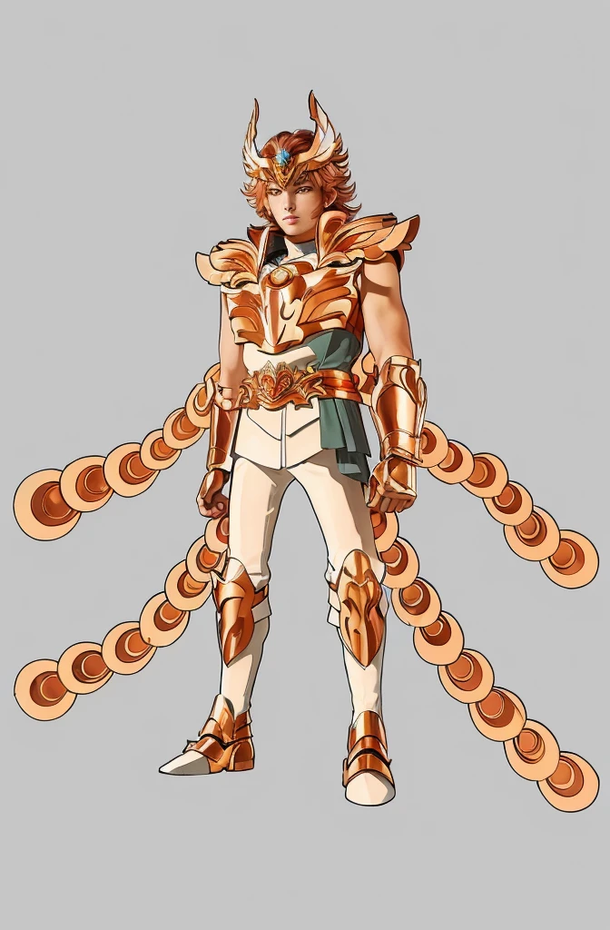 A young European man in his early 30s in orange copper armor with the white tight underneath without sleeves, Saint Seiya, Phoenix Ikki