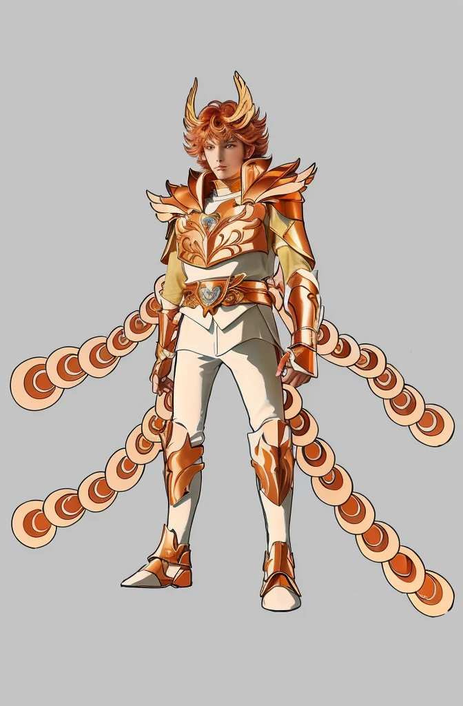 A young European man in his early 30s in orange copper armor with the white tight underneath without sleeves, Saint Seiya, Phoenix Ikki