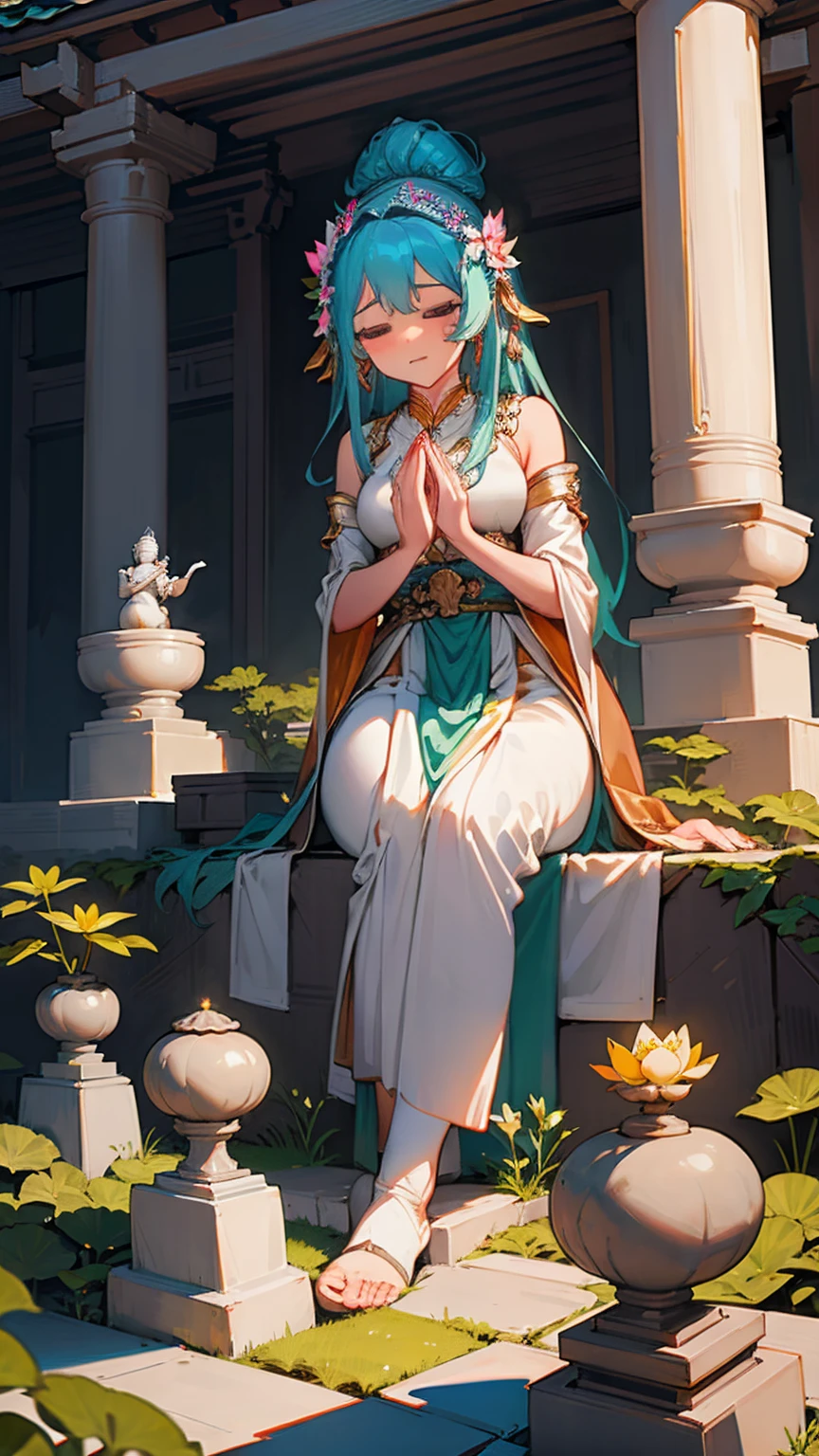 In a serene temple courtyard, a goddess of immense size meditates in the lotus position, her serene expression radiating peace. Devotees of normal stature gather around her, some sitting in quiet reverence, others offering incense and flowers at her feet.