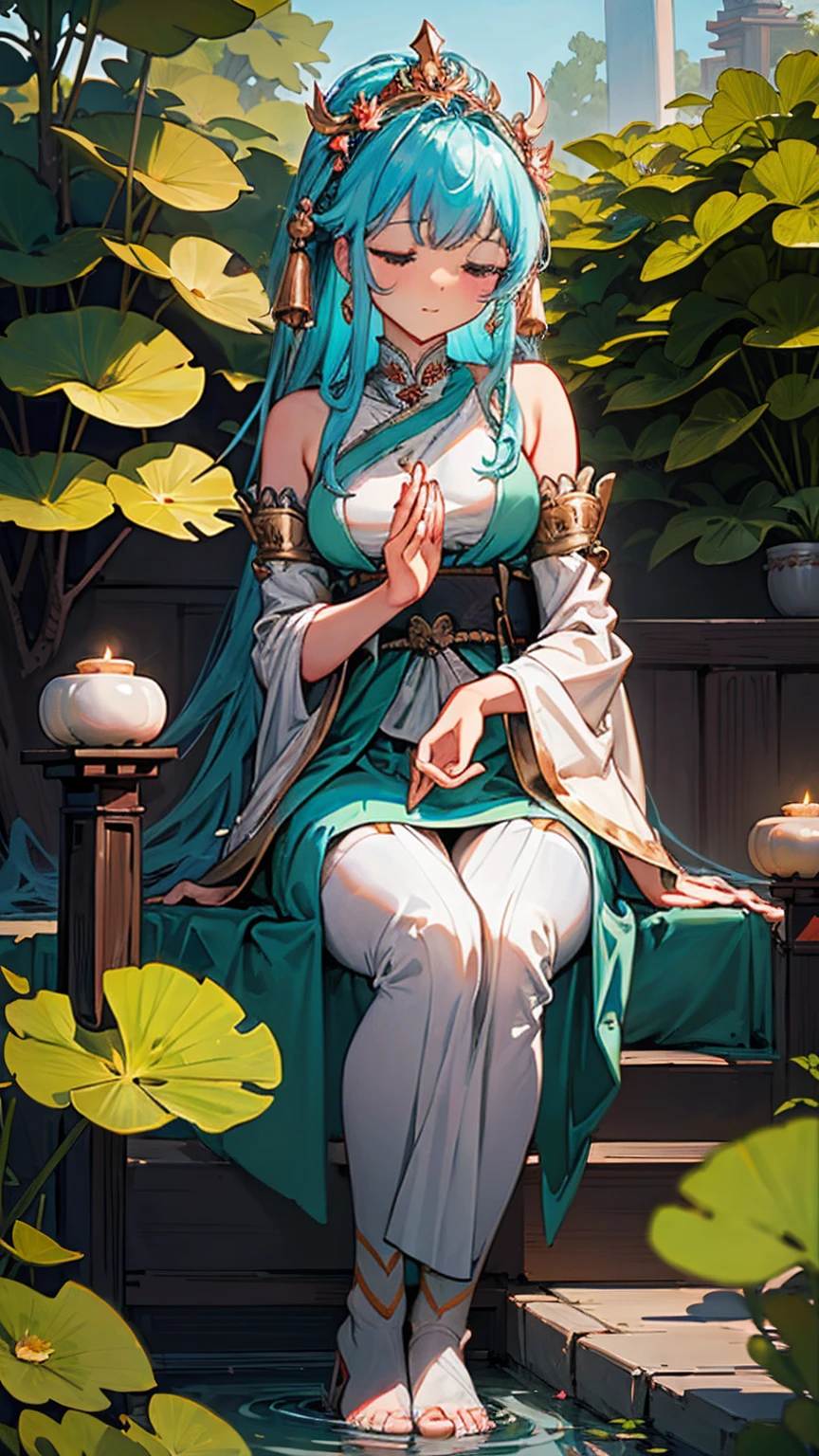 In a serene temple courtyard, a goddess of immense size meditates in the lotus position, her serene expression radiating peace. Devotees of normal stature gather around her, some sitting in quiet reverence, others offering incense and flowers at her feet.