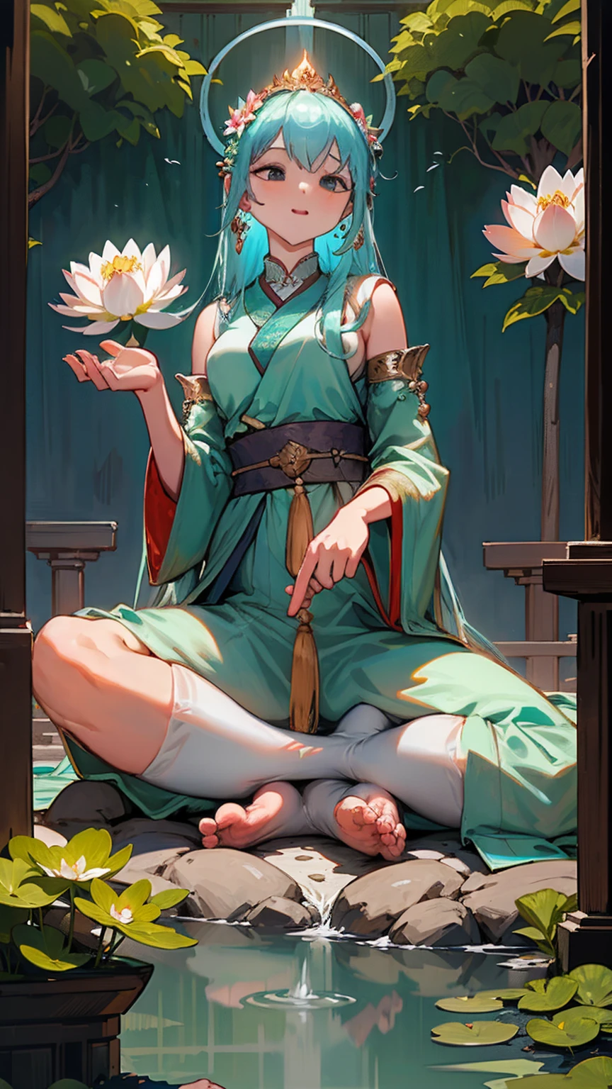In a serene temple courtyard, a goddess of immense size meditates in the lotus position, her serene expression radiating peace. Devotees of normal stature gather around her, some sitting in quiet reverence, others offering incense and flowers at her feet.
