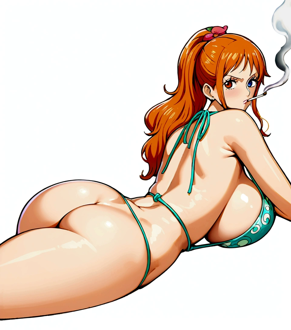 a cartoon picture of a woman in a bikini top and jeans, nami one piece, nami from one piece, nami, beautiful portrait of nami, from one piece, oppai, blue eyes, smoking, ponytail, nsfw