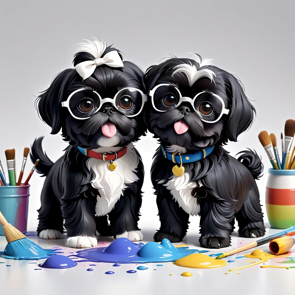 2 Adorable small black Shih Tzu puppies wearing white glasses painting making a mess 3d cartoon 3d render disney pixar style