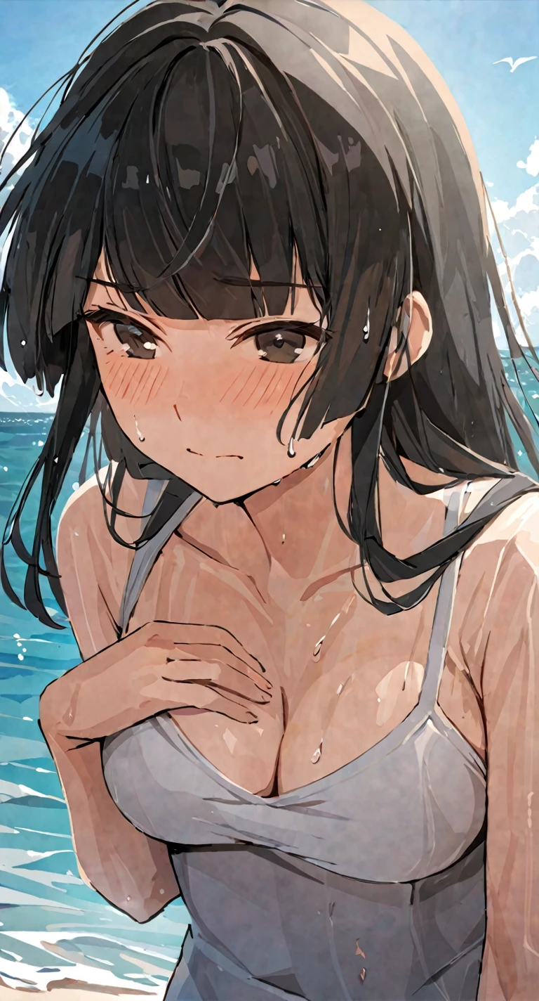 masterpiece,best quality, solo, eda, bangs, black hair, upper body,blue sky,cloud, shy expression, medium breast, hot, thicc, swimsuit , ocean, water, she is hiding her chest, she is shy, embarrassed , she is embarrassed, dynamic pose, wet