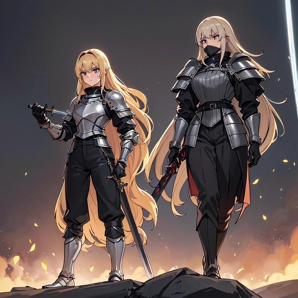 Best illustrations、Best Quality、(Full body character concept、detailed)、(((Simple grey armor、Black trousers、Black gloves、woman、18-year-old、Blonde、Long Hair)))、(((Grab the sword、Get Ready)))、(20 medieval knights)、(From below)、(Red light)