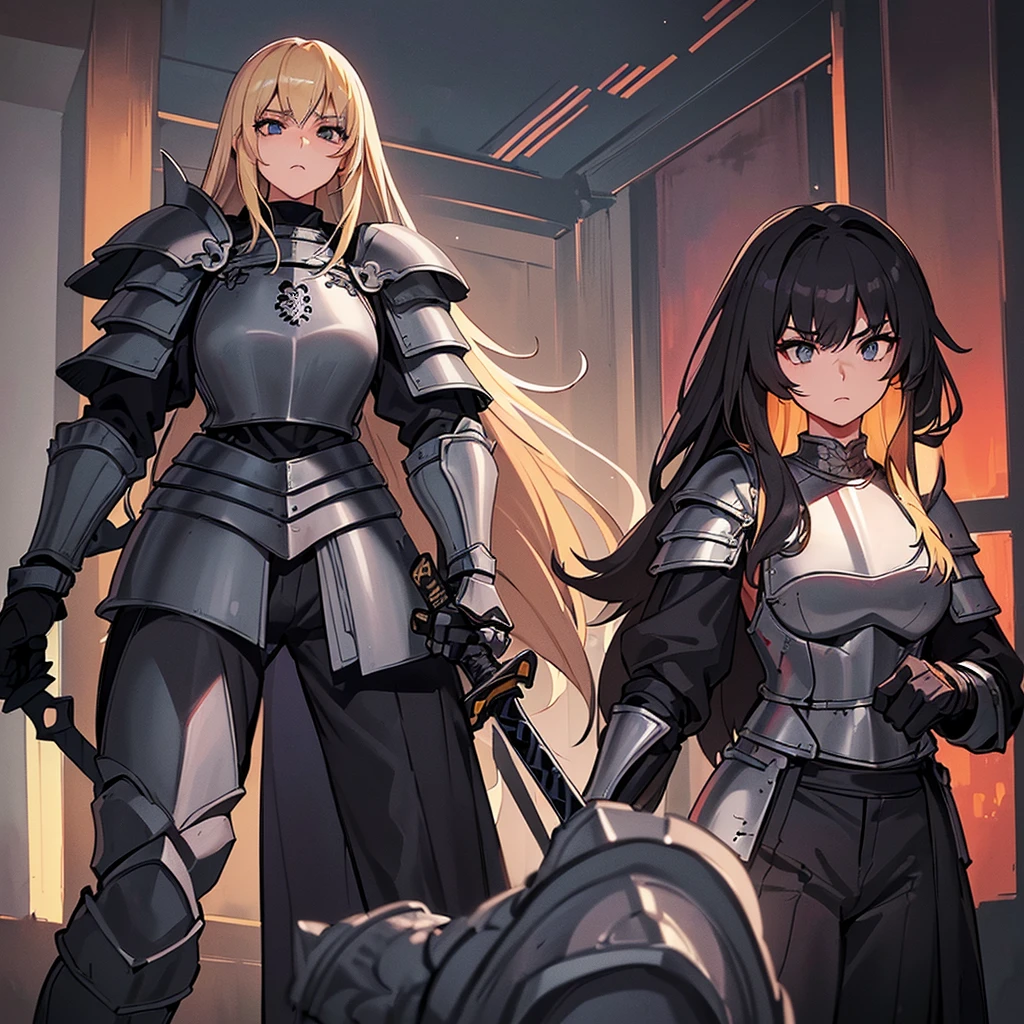Best illustrations、Best Quality、(Full body character concept、detailed)、(((Simple grey armor、Black trousers、Black gloves、woman、18-year-old、Blonde、Long Hair)))、(((Grab the sword、Get Ready)))、(20 medieval knights)、(From below)、(Red light)