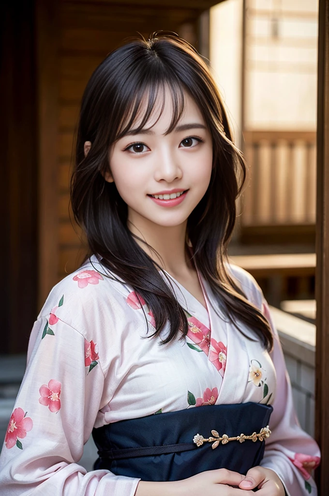 (8k、Raw photo、highest quality、masterpiece:1.2)、(Realistic、Photorealistic:1.37)、Ultra-detailed、超A high resolution、1 girl、Seeing the viewer、Beautifully detailed face、Laughter、narrow、(Slim waist) :1.3)、Beautifully detailed skin、Skin Texture、Floating Hair、Professional Lighting、Human whole body、Long Hair、 Floral Yukata