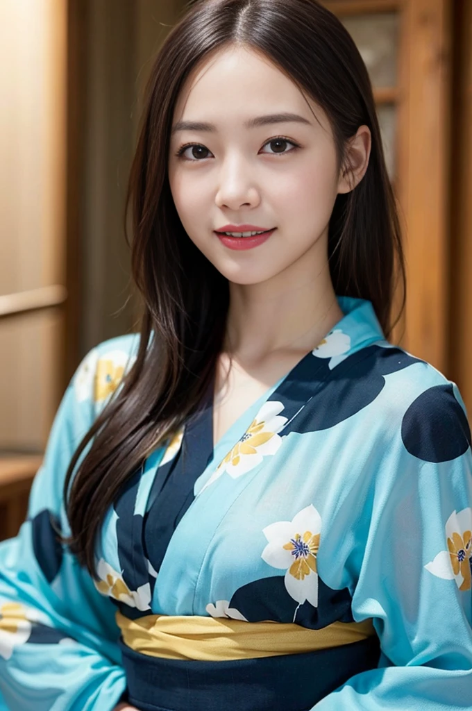 (8k、Raw photo、highest quality、masterpiece:1.2)、(Realistic、Photorealistic:1.37)、Ultra-detailed、超A high resolution、1 girl、Seeing the viewer、Beautifully detailed face、Laughter、narrow、(Slim waist) :1.3)、Beautifully detailed skin、Skin Texture、Floating Hair、Professional Lighting、Human whole body、Long Hair、 Floral Yukata