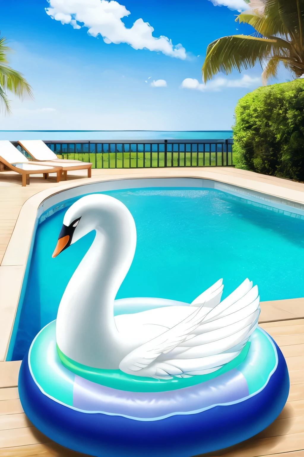 Swan wearing a sexy blue bikini floating on her inflatable swan float in swimming pool