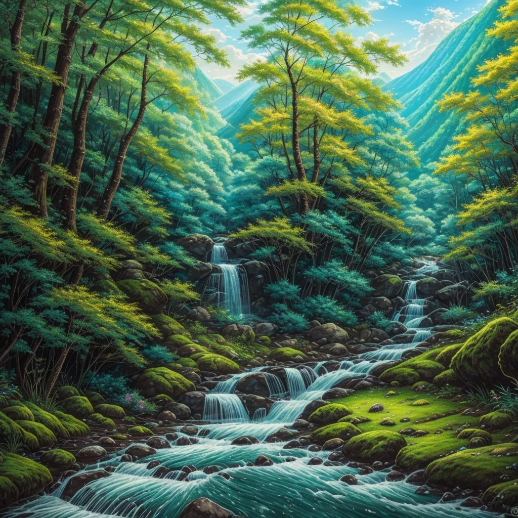 Painting of a stream flowing through a lush forest filled with trees., 4k detailed coloring, mountains river trees, anime landscape wallpaper, UHD 4K beautiful art, rural landscape anime, Detailed landscape — width 672, beautiful digital paintings, Highly detailed 4k digital art., beautiful anime scenery, High quality 8K detailed artwork., natural anime wallpap, natural anime