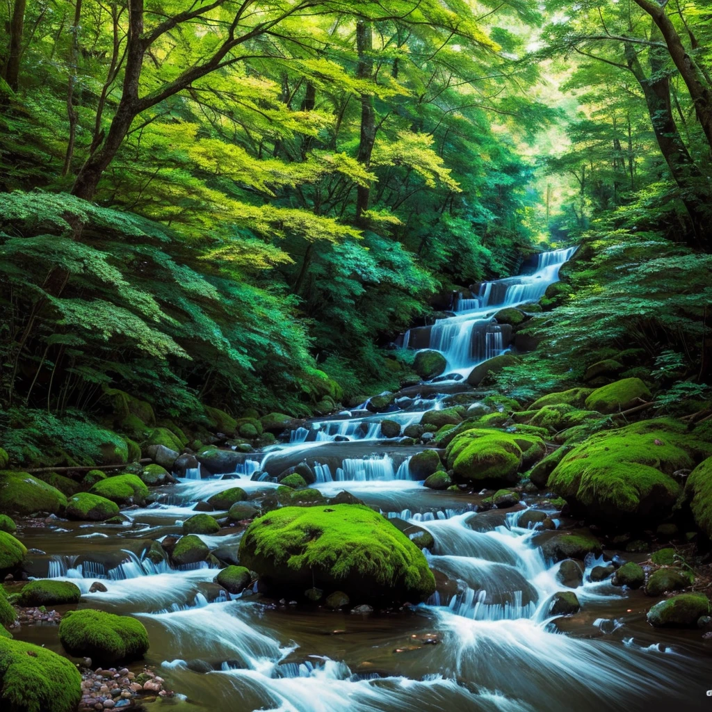 Painting of a stream flowing through a lush forest filled with trees., 4k detailed coloring, mountains river trees, anime landscape wallpaper, UHD 4K beautiful art, rural landscape anime, Detailed landscape — width 672, beautiful digital paintings, Highly detailed 4k digital art., beautiful anime scenery, High quality 8K detailed artwork., natural anime wallpap, natural anime