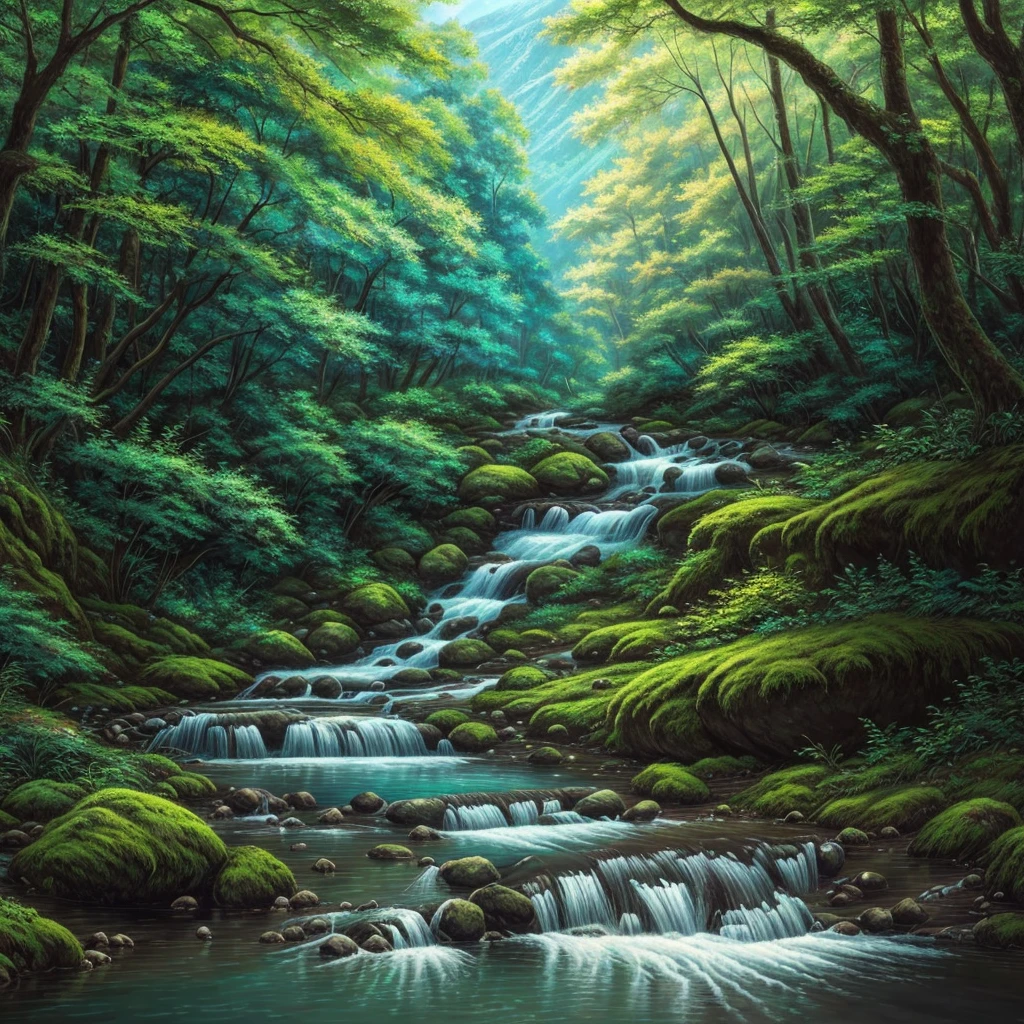 Painting of a stream flowing through a lush forest filled with trees., 4k detailed coloring, mountains river trees, anime landscape wallpaper, UHD 4K beautiful art, rural landscape anime, Detailed landscape — width 672, beautiful digital paintings, Highly detailed 4k digital art., beautiful anime scenery, High quality 8K detailed artwork., natural anime wallpap, natural anime