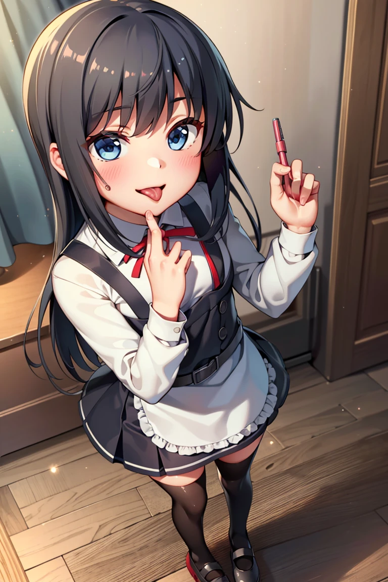 asashiokainiKC, Long Hair, shirt, Knee socks, Long sleeve, ribbon, , neck ribbon, Apron dress, (Small breasts:1.2), (Small body:1.2), (Low length:1.2), One , alone,
break 
(SFW:1.3), (whole body), (Bust up shot:1.2), (Face Focus:1.1)
break
0pen,  (Sticking out tongue), ((Long Tongue)), (Open your mouth) , From above, (Overhead Shot)
break
(;d:1.2), A shy smile, (blush:1.2), 閉じた目
break
official art, Masterpiece, Highest quality, Highest Resolution, 8K, Most detailed, Extremely elaborate hands, Highly detailed fingers, Highly detailed mouth, perfect anatomy
break
(indoor, Bedroom), dust, dust, Particles of light, Highly detailed 16K CG wallpaper