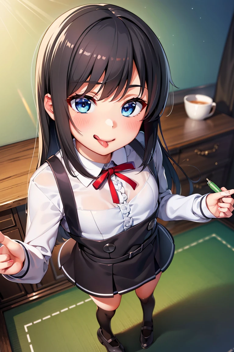 asashiokainiKC, Long Hair, shirt, Knee socks, Long sleeve, ribbon, , neck ribbon, Apron dress, (Small breasts:1.2), (Small body:1.2), (Low length:1.2), One , alone,
break 
(SFW:1.3), (whole body), (Bust up shot:1.2), (Face Focus:1.1)
break
0pen,  (Sticking out tongue), ((Long Tongue)), (Open your mouth) , From above, (Overhead Shot)
break
(;d:1.2), A shy smile, (blush:1.2), 閉じた目
break
official art, Masterpiece, Highest quality, Highest Resolution, 8K, Most detailed, Extremely elaborate hands, Highly detailed fingers, Highly detailed mouth, perfect anatomy
break
(indoor, Bedroom), dust, dust, Particles of light, Highly detailed 16K CG wallpaper