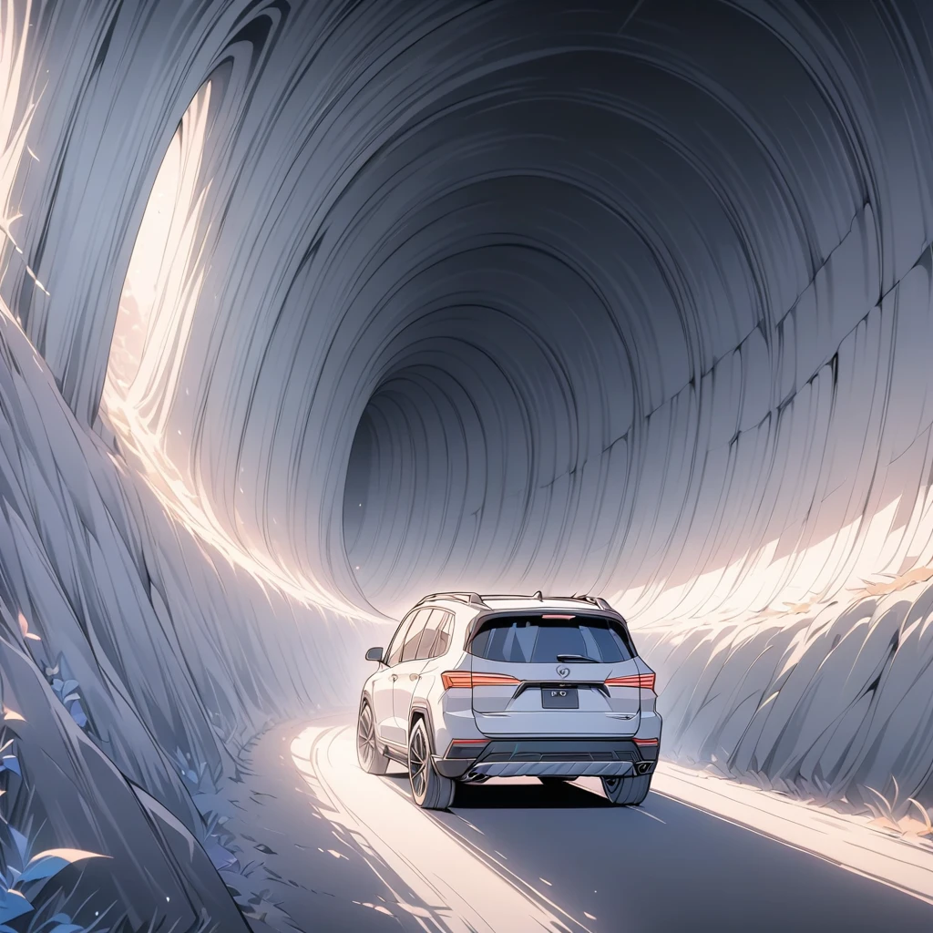 Masterpiece, Top Quality, Color, Line Art, Dark Tunnel, SUV Parked on Road, Glowing Car Lights, Digital Illustration Style, Stunning Art Style, Stylized Digital Illustration, Detailed Digital Illustration, Digital Cartoon Painting Art,