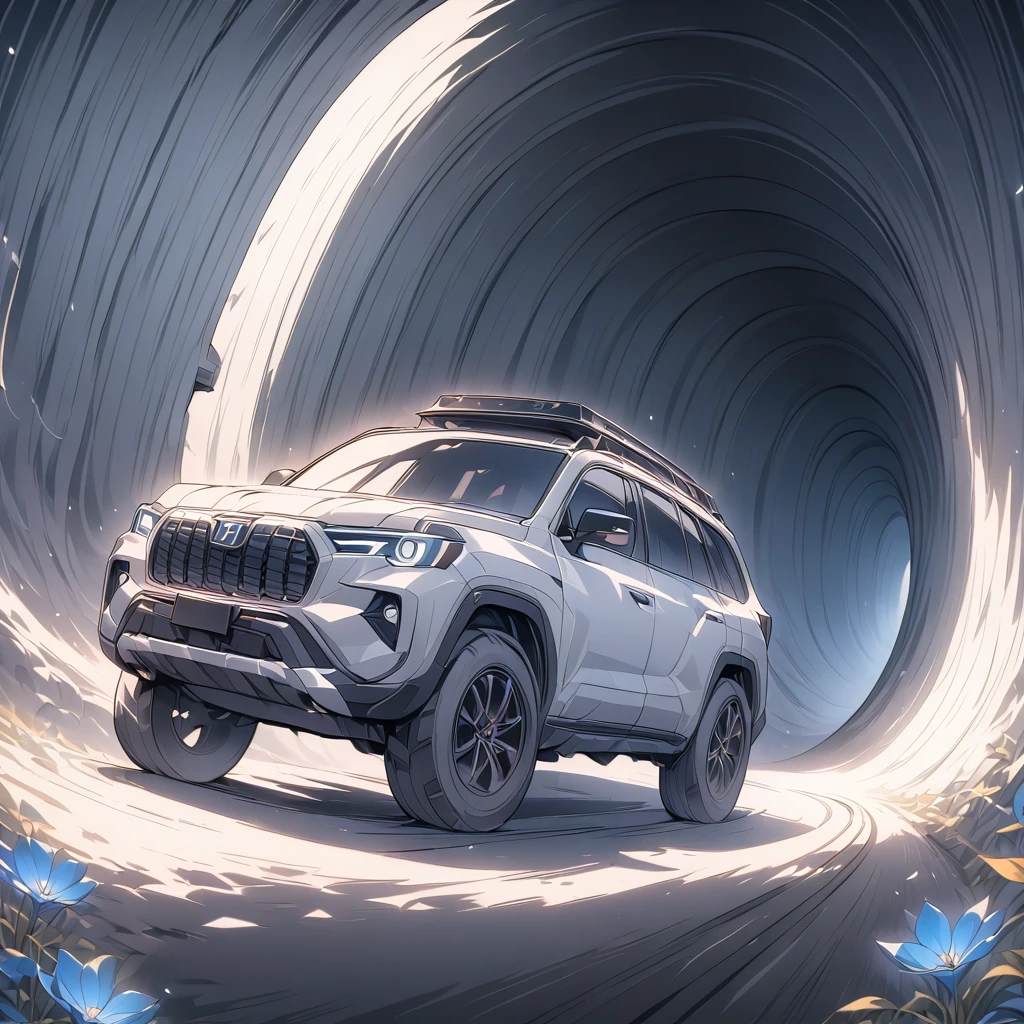 Masterpiece, Top Quality, Color, Line Art, Dark Tunnel, SUV Parked on Road, Glowing Car Lights, Digital Illustration Style, Stunning Art Style, Stylized Digital Illustration, Detailed Digital Illustration, Digital Cartoon Painting Art,