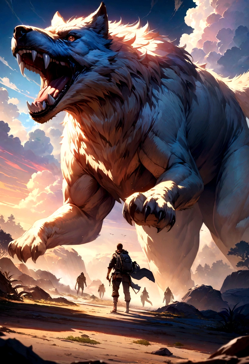 extremely detailed, Masterpiece artwork, great quality, ultra-detailed CG image, perfect lighting, realistic shadows, epic scene, powerful dinosaurs carrying wolves, dramatic sky, swirly vibrant colors.
