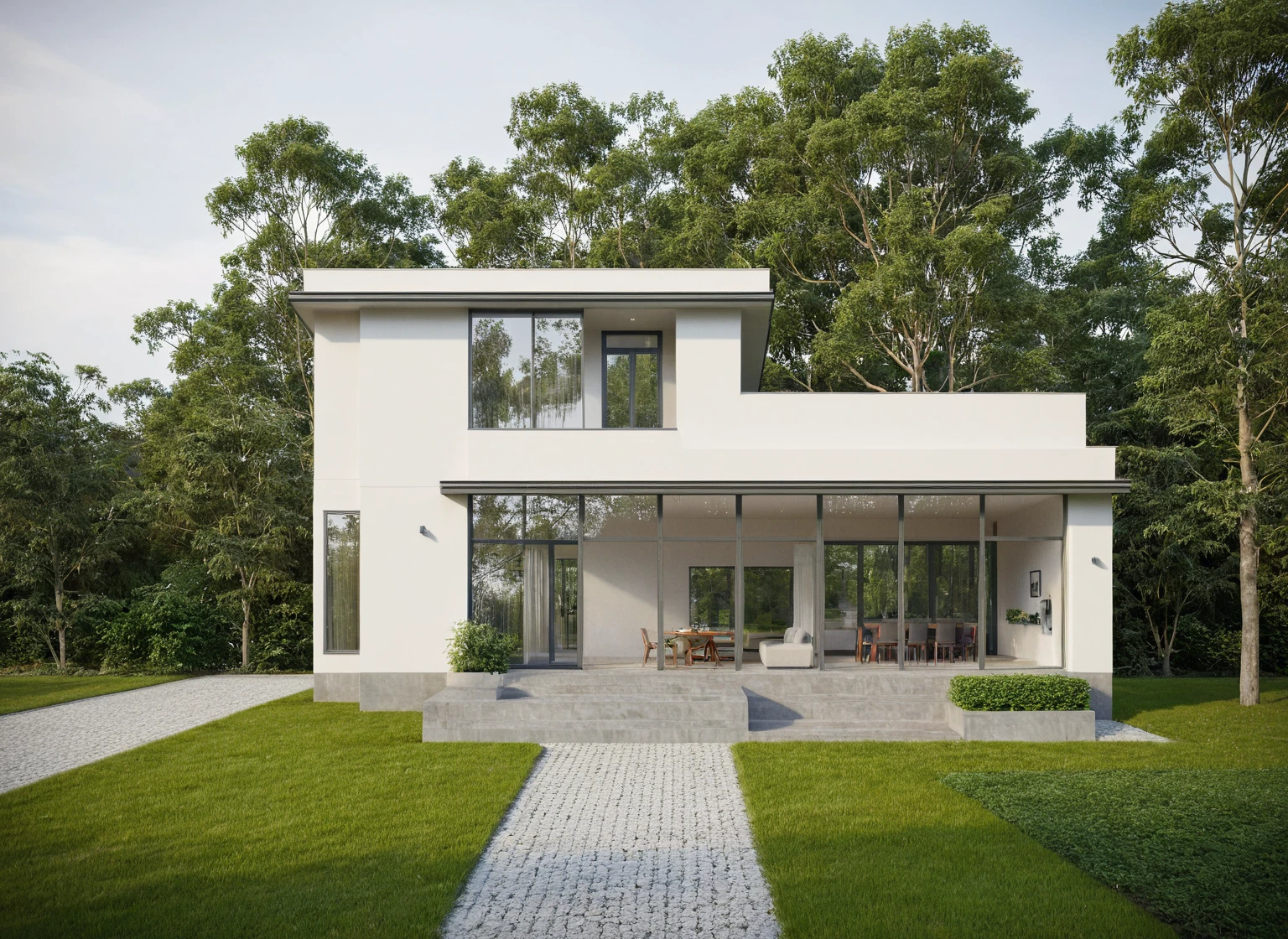 Raw photo,Masterpiece, high quality, best quality, authentic, super detail,
a large white house with a large driveway and trees, in style of ultra realistic, exterior design, vray beautiful, concept house, realistic 3 d style, hihgly detailed, architectural visualization, with vray, front view dramatic, realistic style, overall architectural design, contemporary house, very realistic render, highly realistic, wide angle exterior 2022, v ray