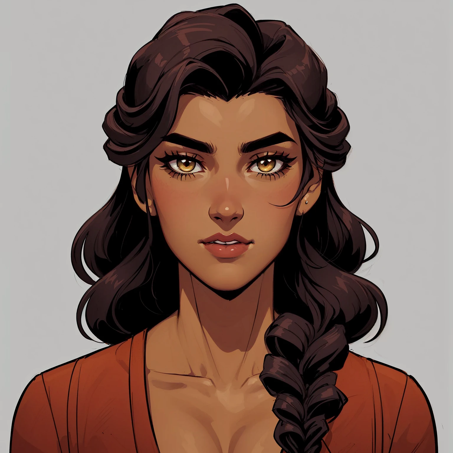 a close up of a woman with long hair and a braid, portrait of modern darna, portrait of avatar korra, detailed character portrait, female lead character, a character portrait, character art portrait, portrait of megara, character design portrait, character portrait, closeup character portrait, attractive androgynous humanoid, charlie bowater character art, character portrait closeup